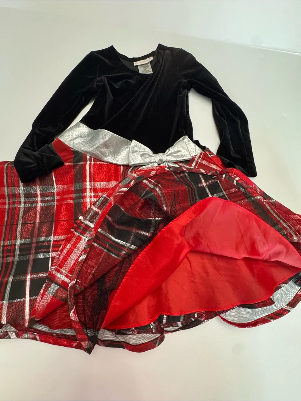 Bonnie Jean Black Velvet Top Red Plaid Skirt Dress with Silver Bow
